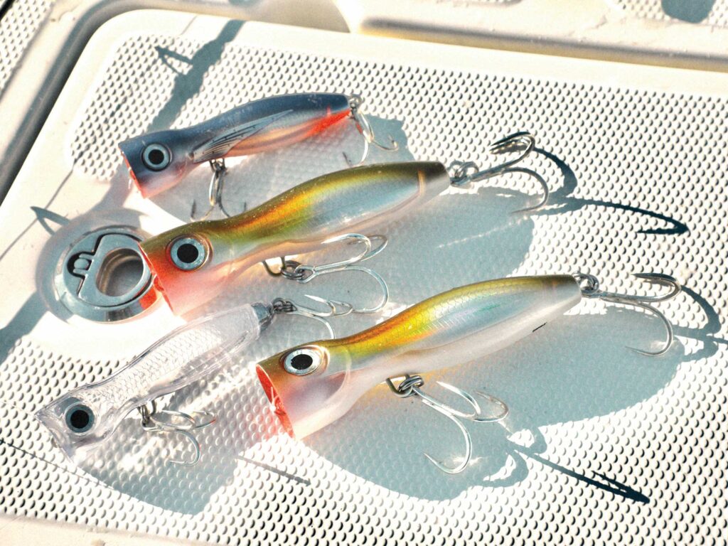 Clear poppers for striped bass